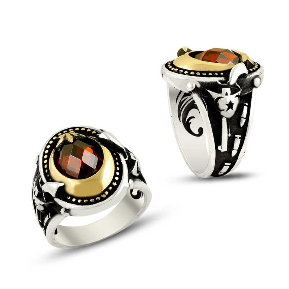 Çift Renk Taşlı Ay Yıldız Erkek Gümüş Yüzük