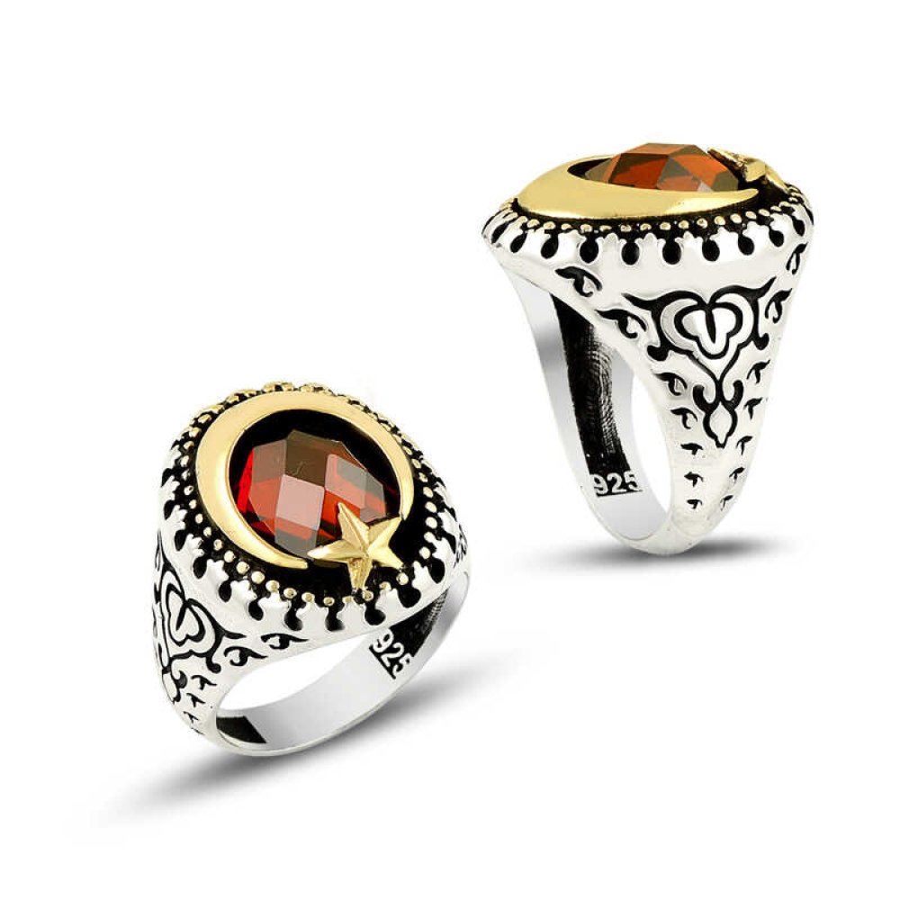 Zirkon Taşlı Ay Yıldız Erkek Gümüş Yüzük