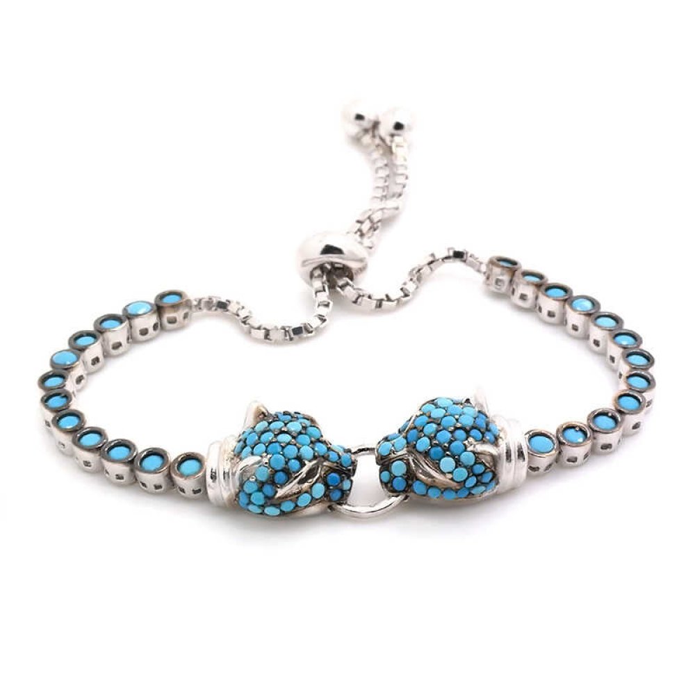 Taşlı Zincir Kaplan Gümüş Bileklik