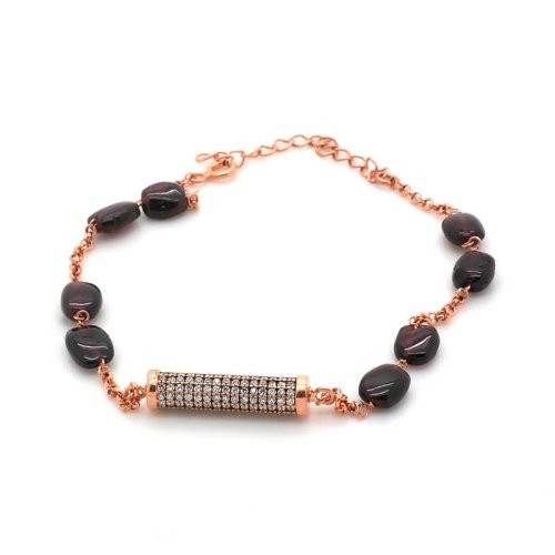 Doğal Taşlı Silindir Gümüş Bileklik