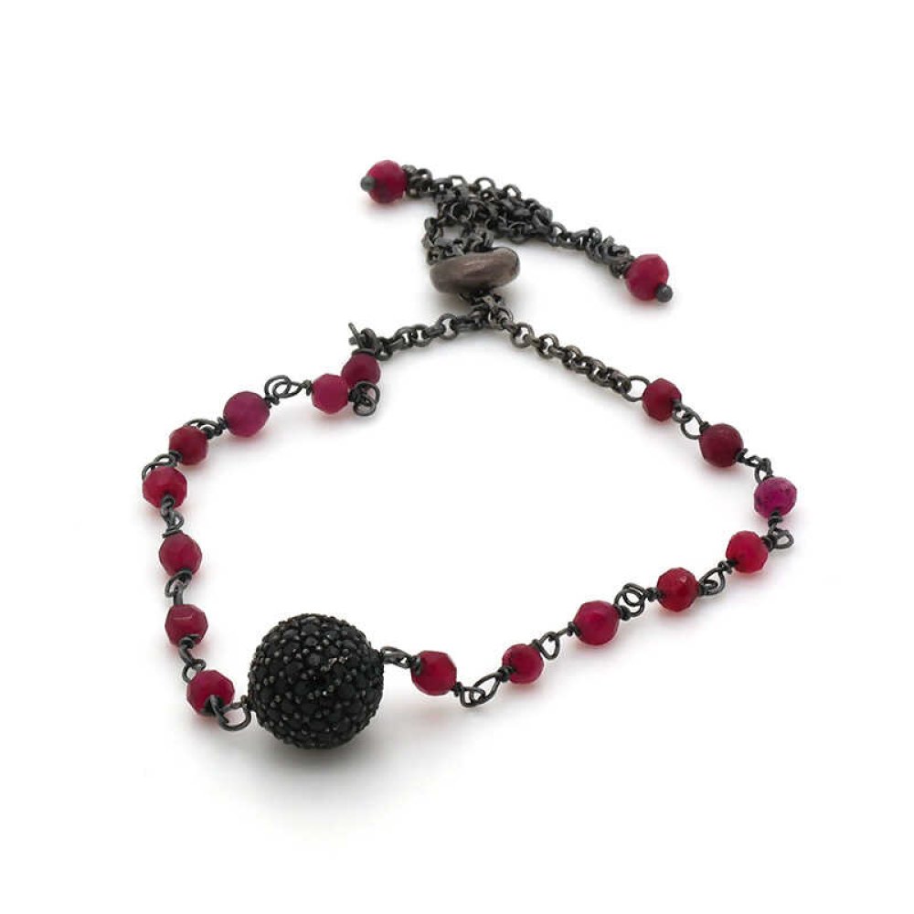 Siyah Yuvarlak Top Renkli Gümüş Bileklik