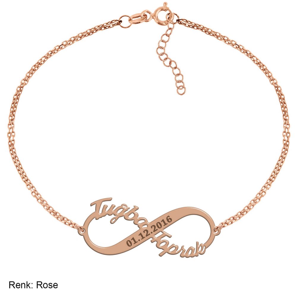 İki İsimli Tarihli Sonsuzluk Kişiye Özel Gümüş Bileklik