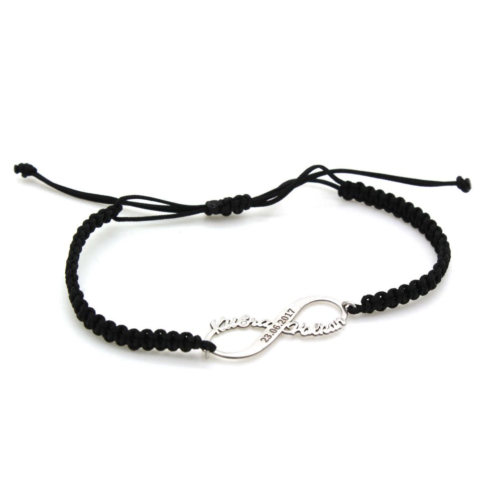 İki İsimli Tarihli Sonsuzluk Kişiye Özel İpli Gümüş Bileklik