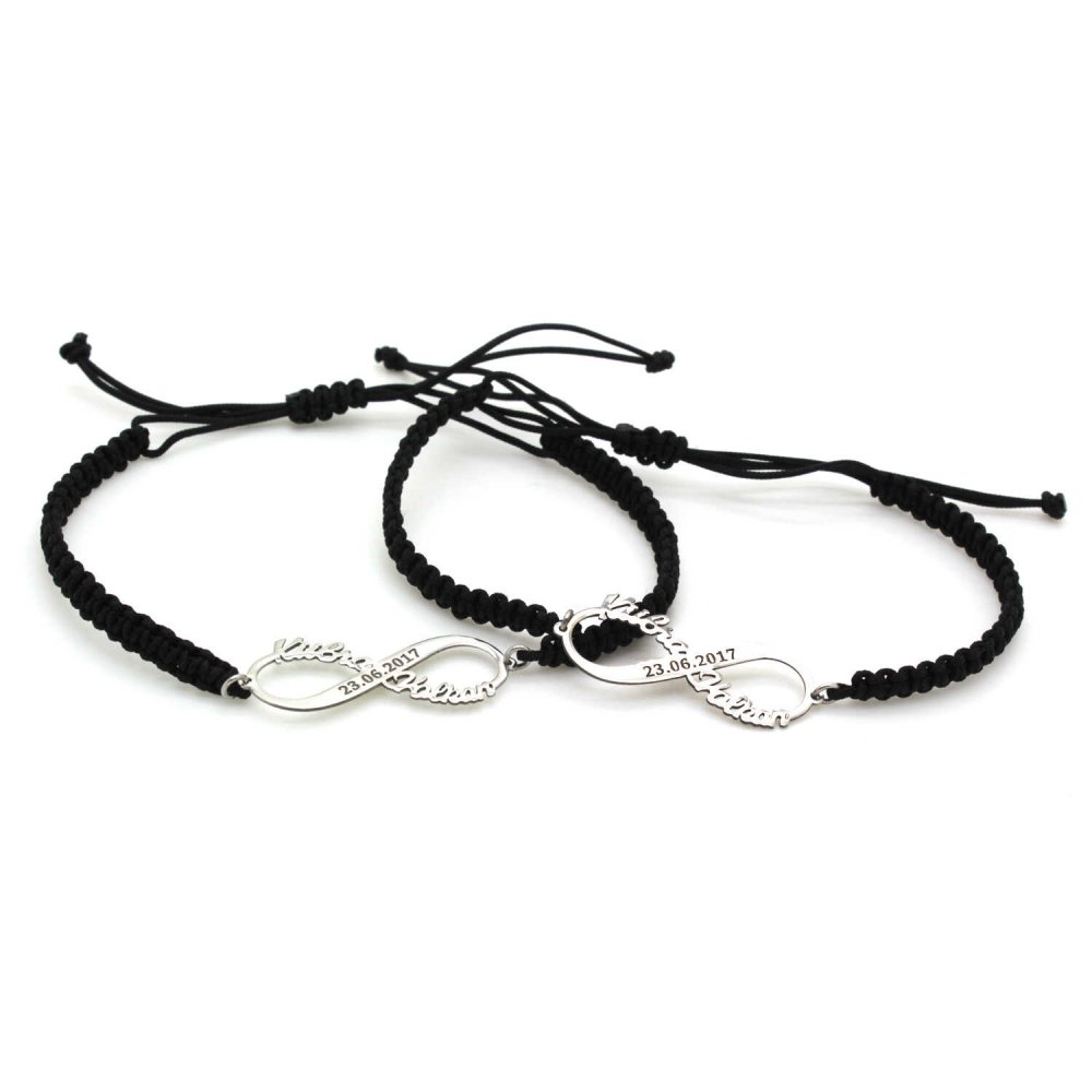 İki Çift İsimli Tarihli Sonsuzluk Kişiye Özel İpli Gümüş Bileklik