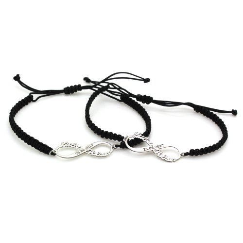 İki Çift İsimli Tarihli Sonsuzluk Kişiye Özel İpli Gümüş Bileklik