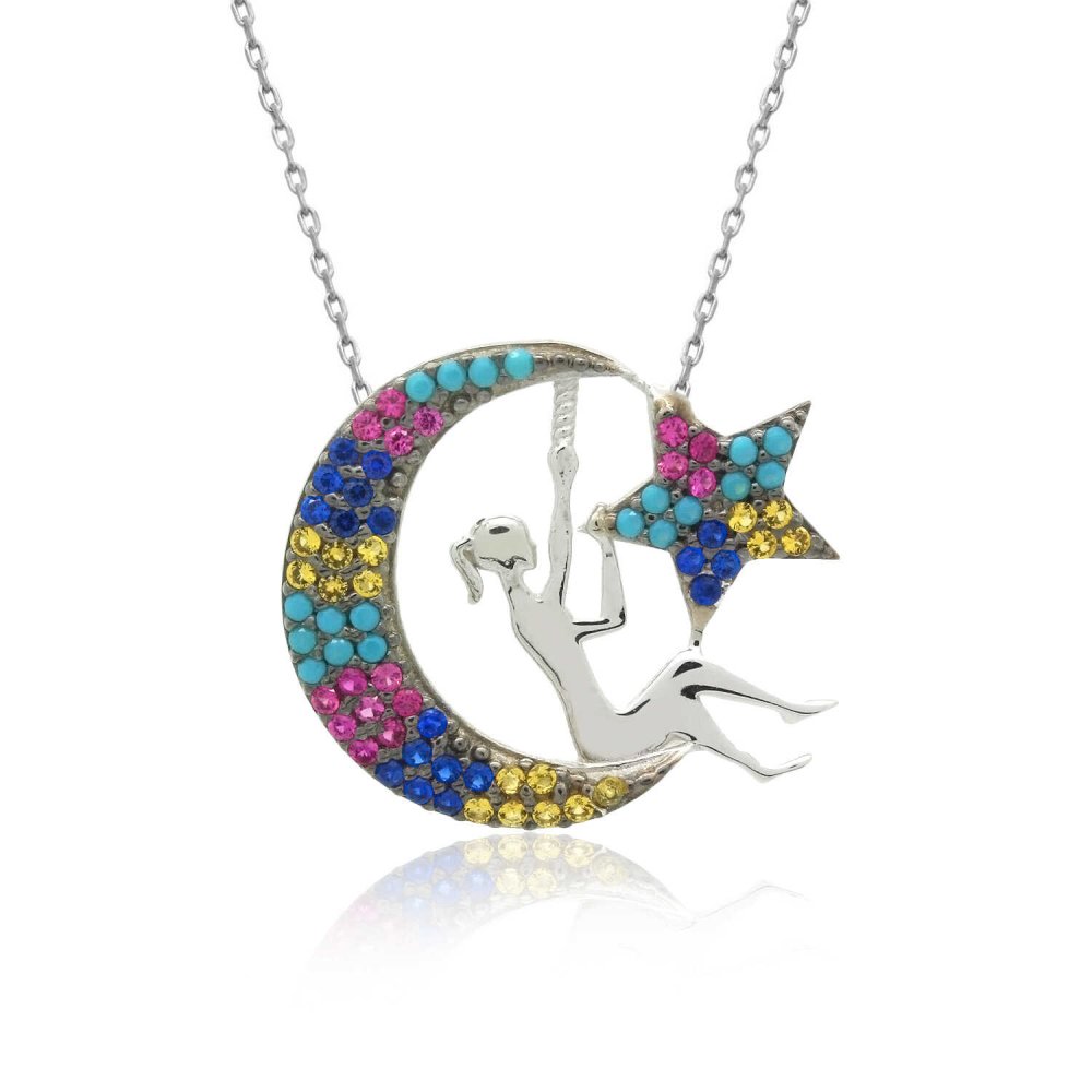 Beyaz Karışık Renkli Ay Perisi Gümüş Kolye