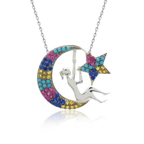 Beyaz Karışık Renkli Ay Perisi Gümüş Kolye