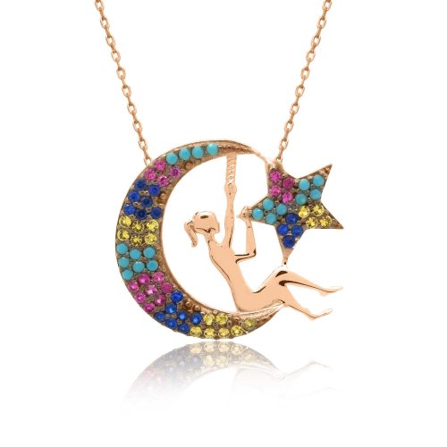 Karışık Renkli Ay Perisi Gümüş Kolye