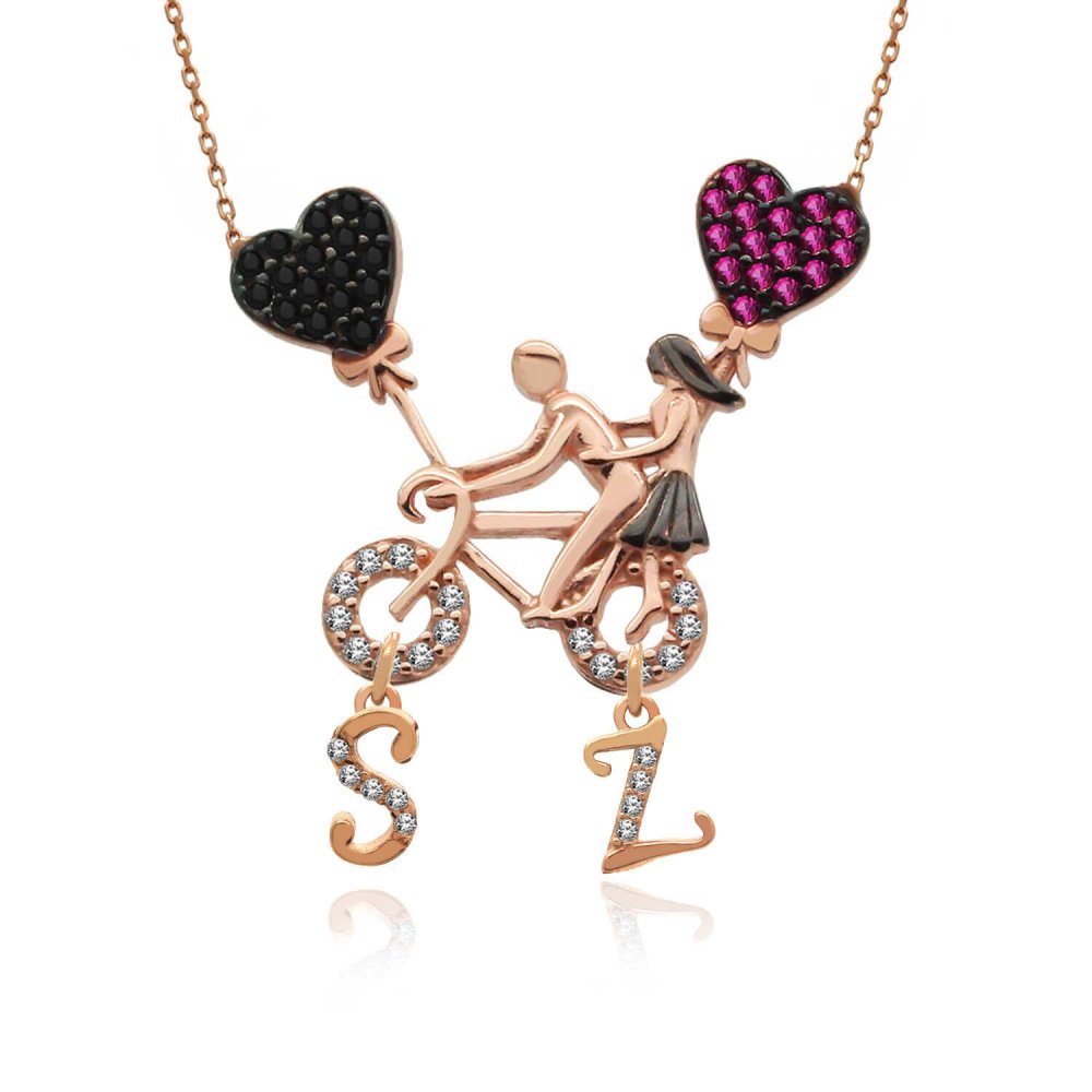 Harfli Bisikletli Aşıklar Gümüş Kolye