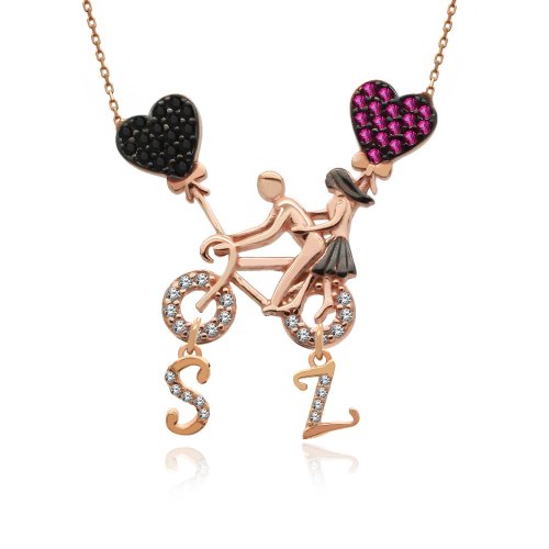 Harfli Bisikletli Aşıklar Gümüş Kolye