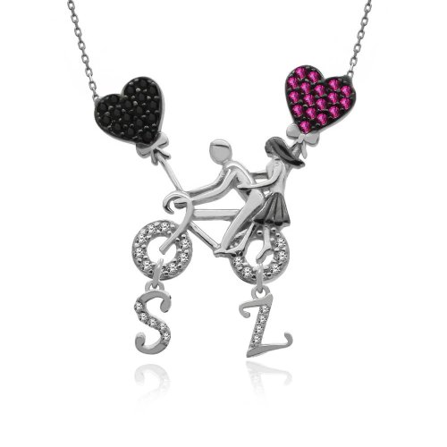 Harfli Beyaz Bisikletli Aşıklar Gümüş Kolye