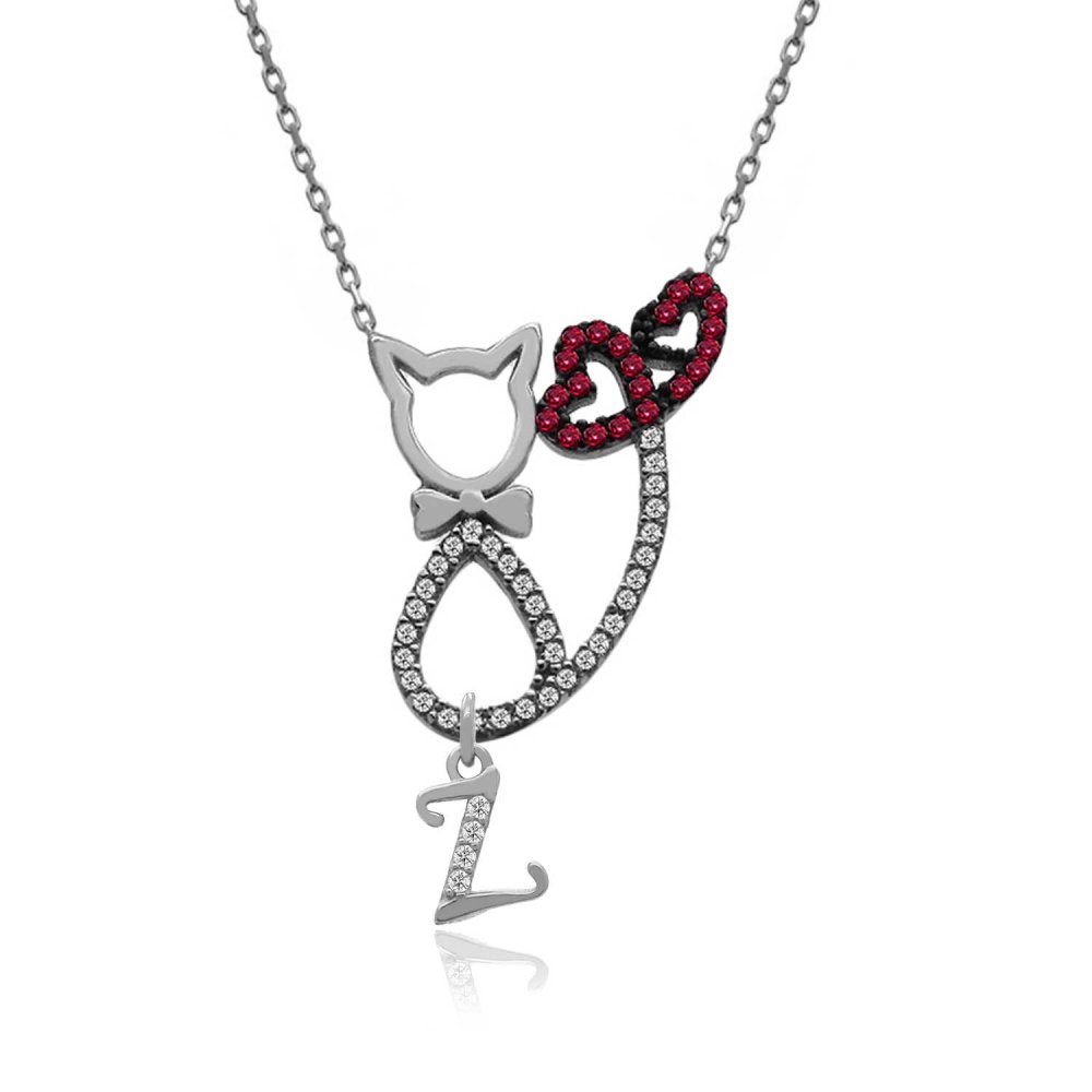 Harfli Kalp Kuyruklu Kedi Gümüş Kolye