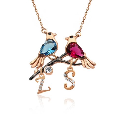 Harfli Renkli Aşk Kuşları Gümüş Kolye