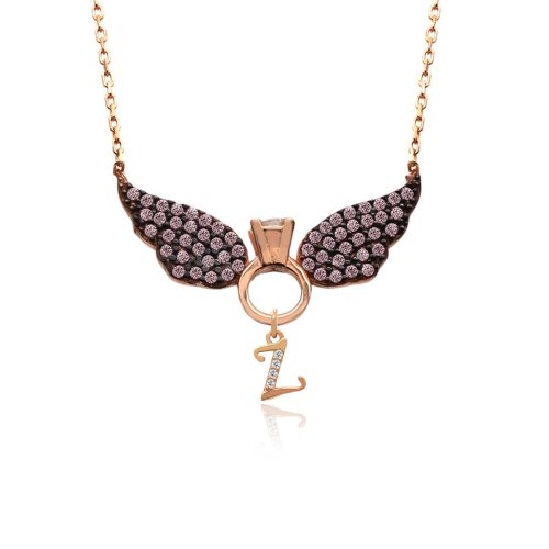 Harfli Tek Taş Melek Kanadı Gümüş Kolye