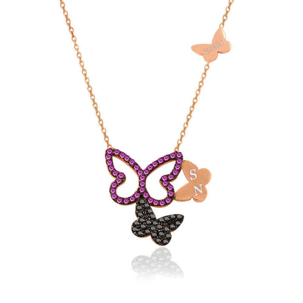 Kişiye Özel Harfli Ruby Üçlü Kelebek Gümüş Kolye