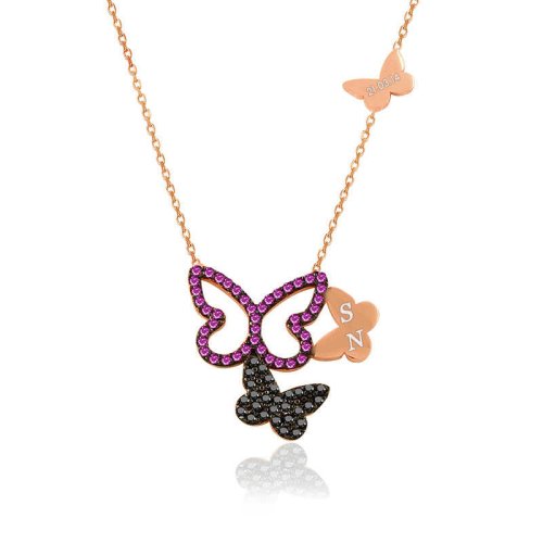Kişiye Özel Harfli Ruby Üçlü Kelebek Gümüş Kolye