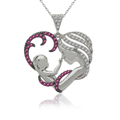 Fuşya Taşlı Kalpli Anne Bebek Gümüş Kolye