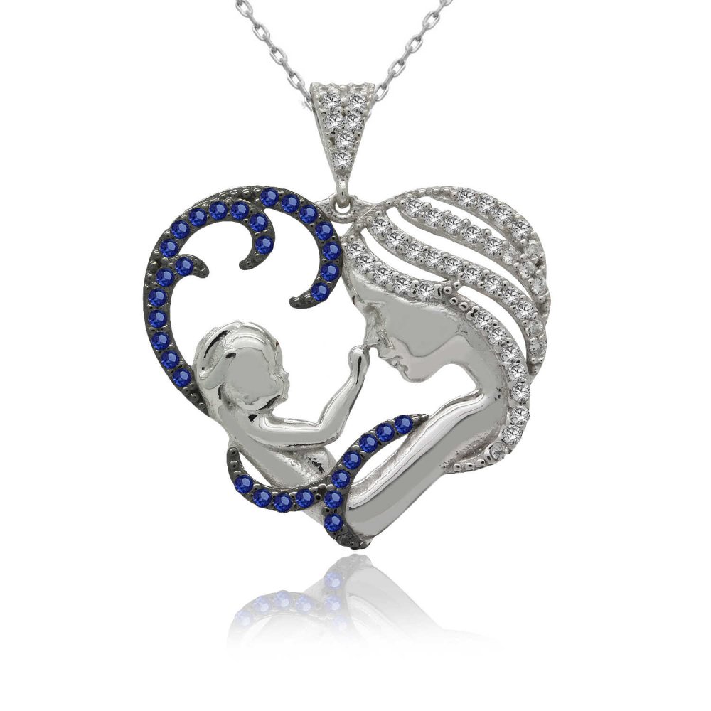 Safir Taşlı Kalpli Anne Bebek Gümüş Kolye