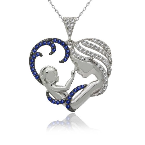 Safir Taşlı Kalpli Anne Bebek Gümüş Kolye