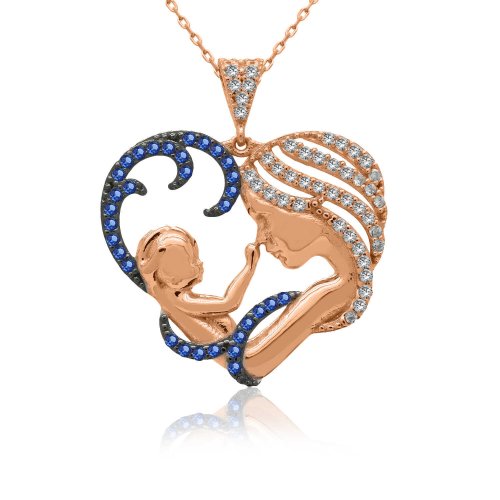 Safir Taşlı Kalpli Anne Bebek Rose Gümüş Kolye