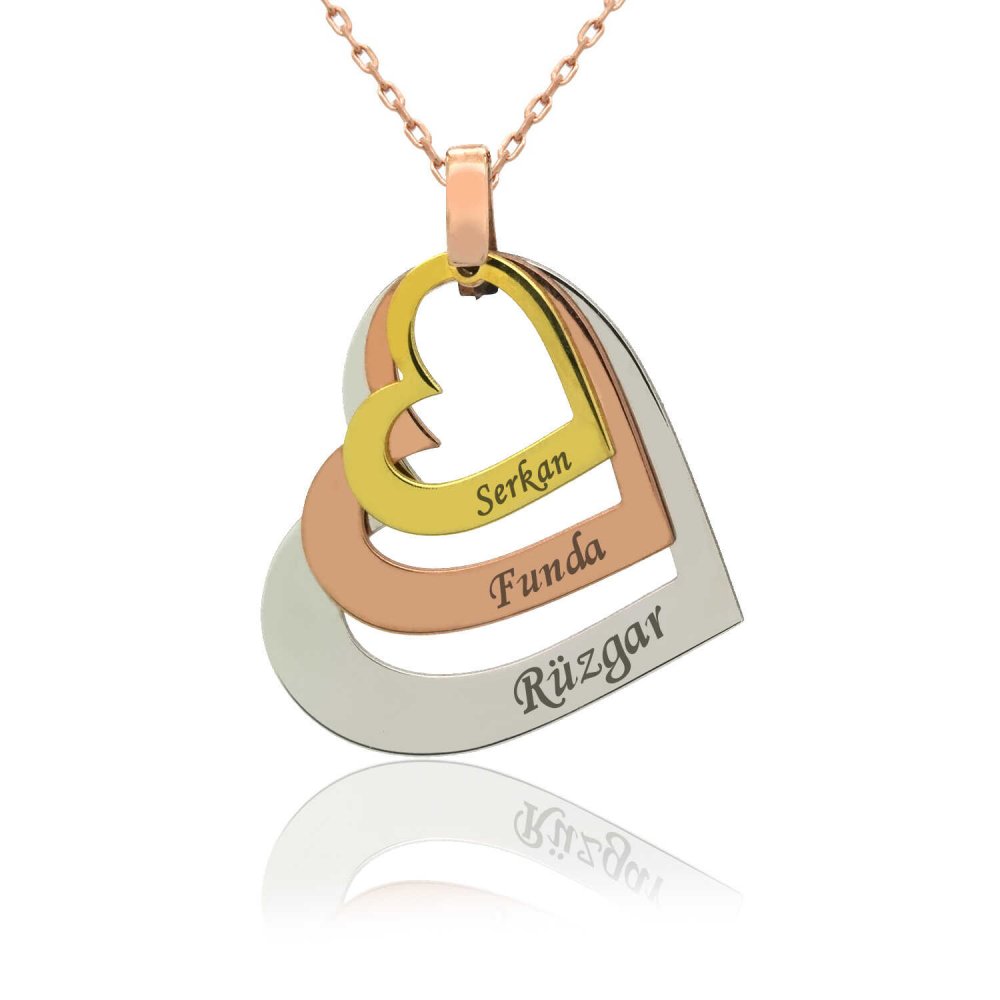 Üç İsimli Kişiye Özel Kalpler Gümüş Kolye