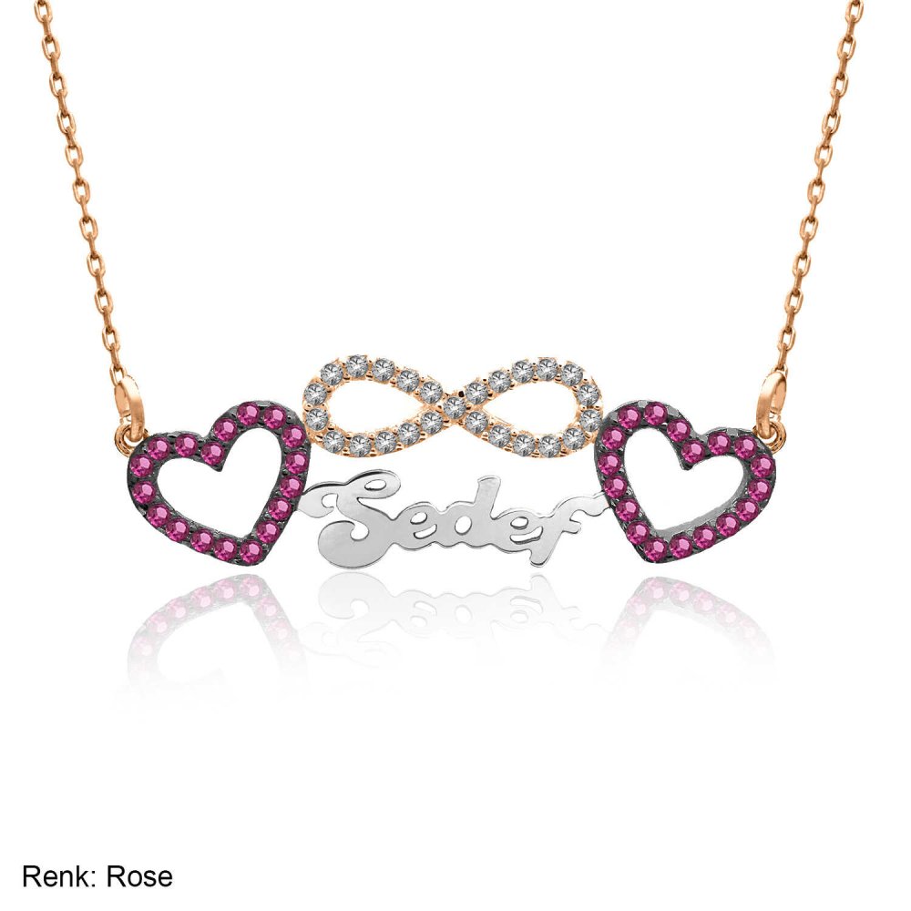 Kalpli İsimli Fuşya Taşlı Sonsuzluk Gümüş Kolye