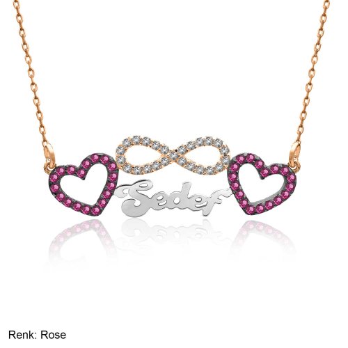 Kalpli İsimli Fuşya Taşlı Sonsuzluk Gümüş Kolye