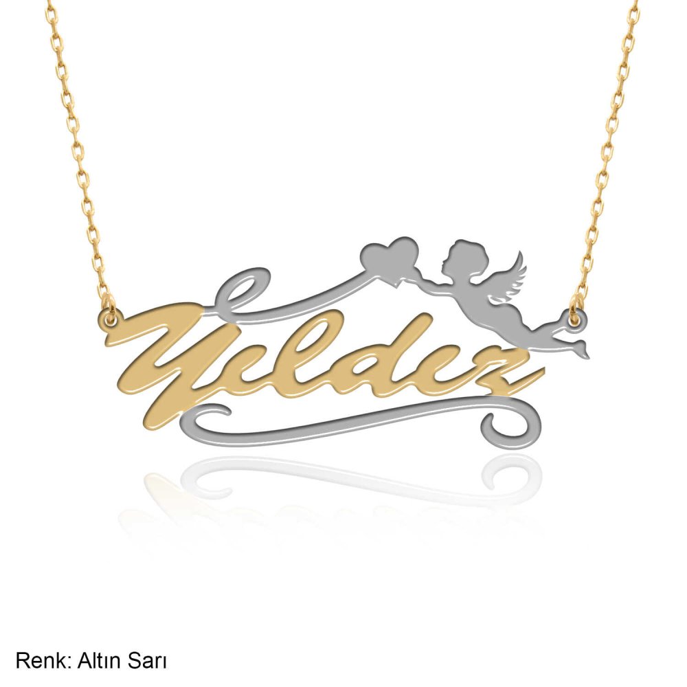 Çift Renk Kişiye Özel Melek Desenli İsimli Gümüş Kolye