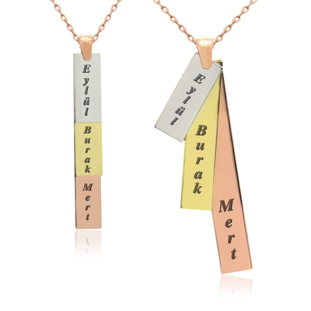 Üç İsimli Kişiye Özel Çubuk Gümüş Kolye