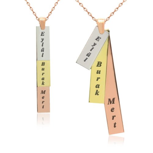 Üç İsimli Kişiye Özel Çubuk Gümüş Kolye