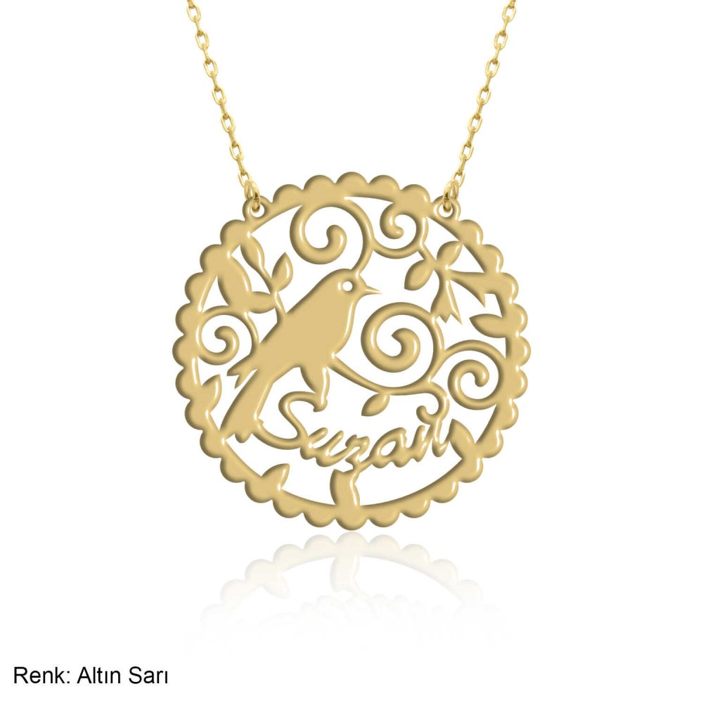 Kuş Desenli Kişiye Özel İsimli Gümüş Kolye