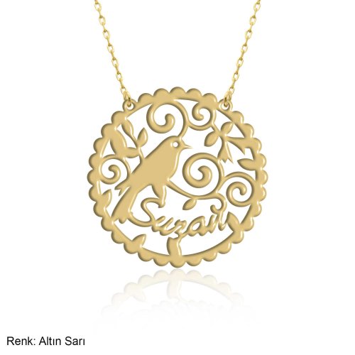 Kuş Desenli Kişiye Özel İsimli Gümüş Kolye