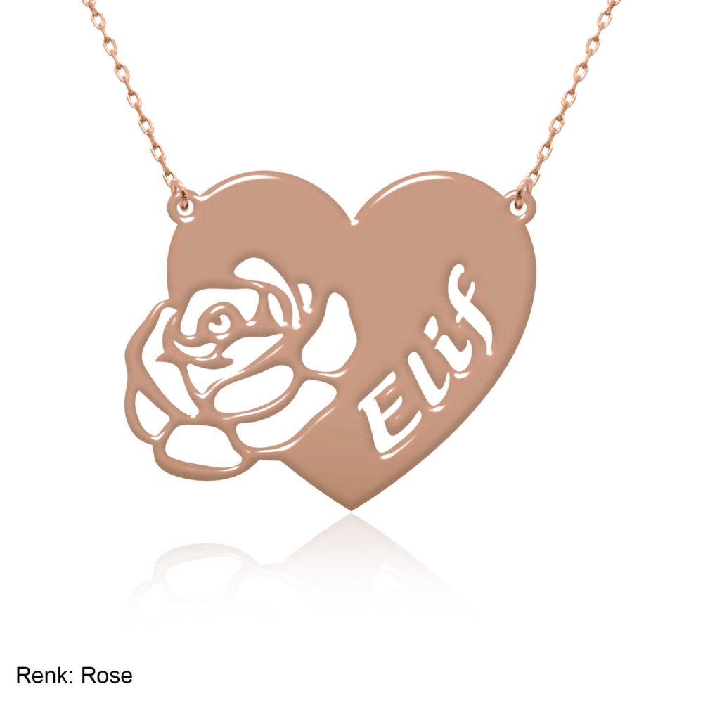 Kalpli Gül Desenli Kişiye Özel İsimli Gümüş Kolye