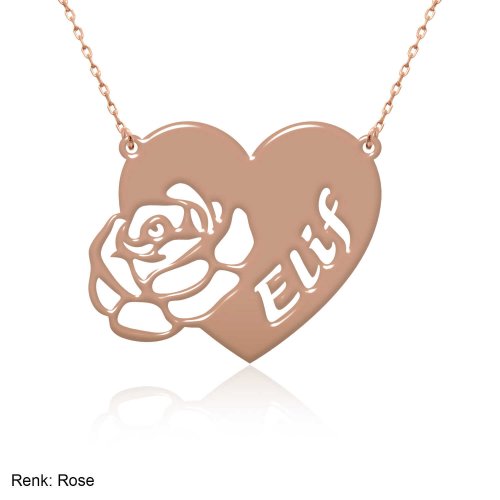 Kalpli Gül Desenli Kişiye Özel İsimli Gümüş Kolye