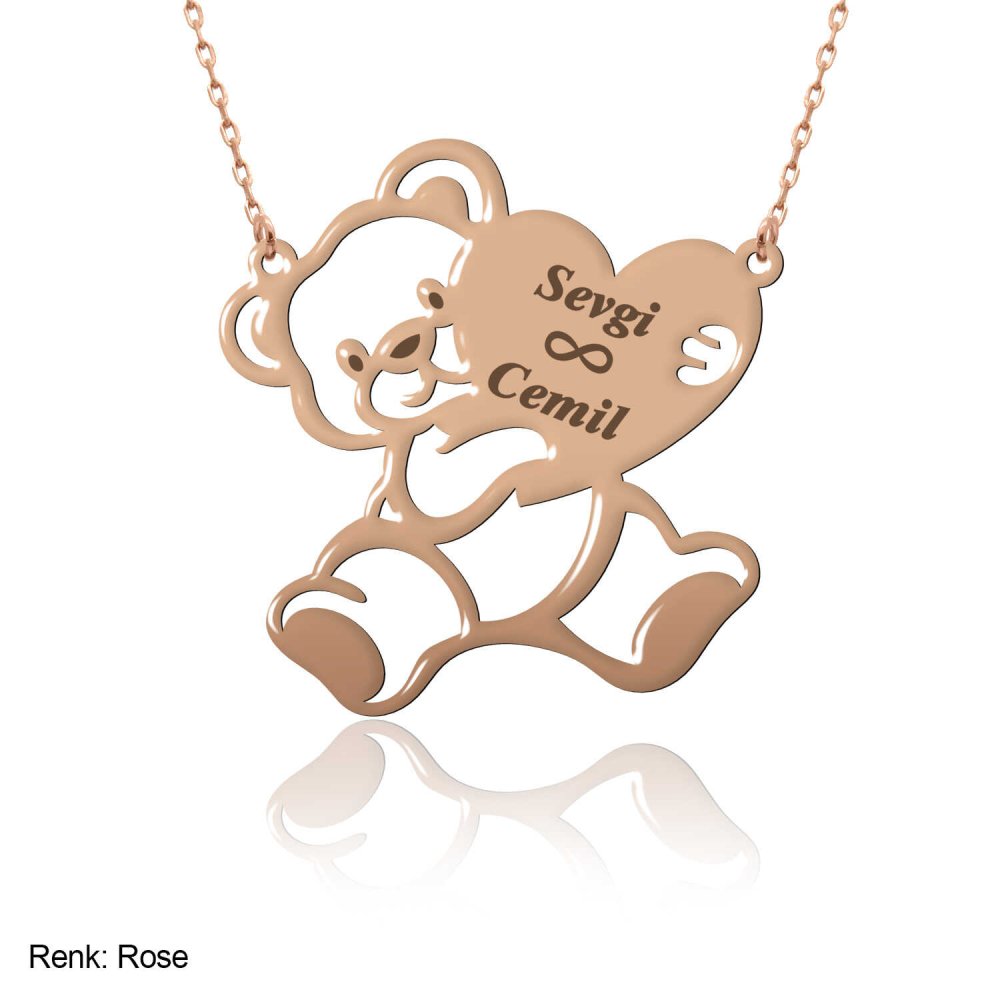 İsimli Kişiye Özel Kalp Tutan Ayıcık Gümüş Kolye