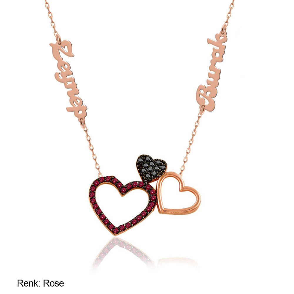 Fuşya Kişiye Özel İsimli Taşlı Üçlü Kalp Gümüş Kolye