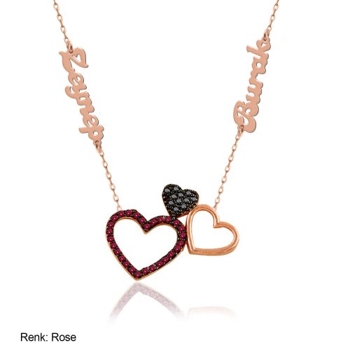 Fuşya Kişiye Özel İsimli Taşlı Üçlü Kalp Gümüş Kolye