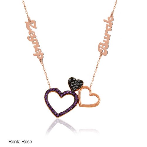 Ametist Kişiye Özel İsimli Taşlı Üçlü Kalp Gümüş Kolye