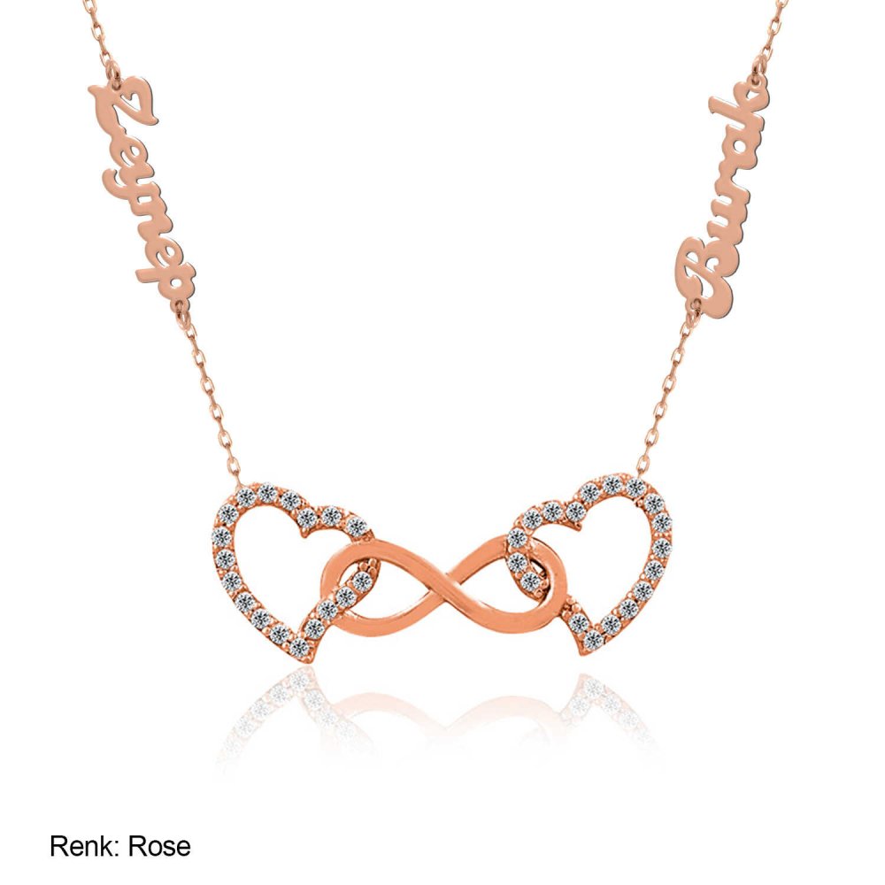 İsimli Kişiye Özel Çift Kalp Sonsuzluk Gümüş Kolye