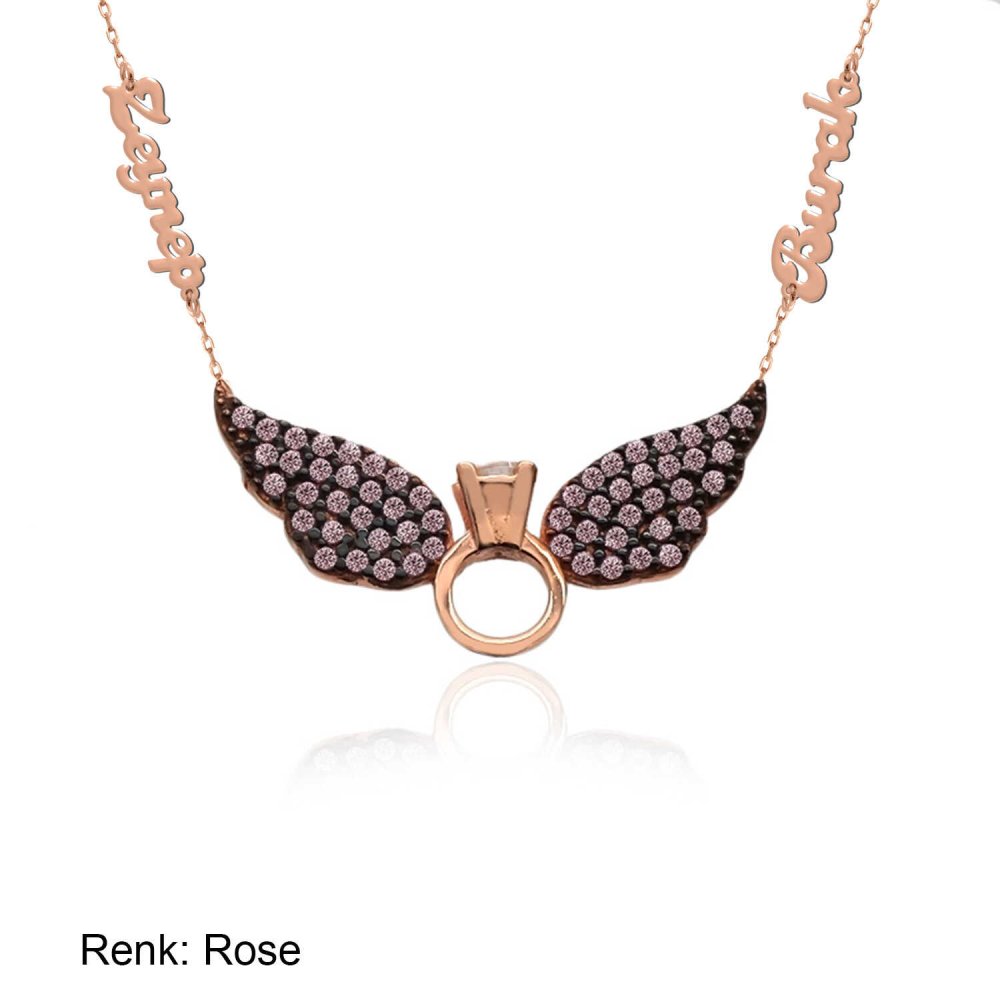 İsimli Kişiye Özel Tek Taş Melek Kanadı Gümüş Kolye