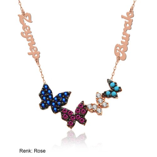 İsimli Kişiye Özel Dörtlü Renkli Kelebekler Gümüş Kolye