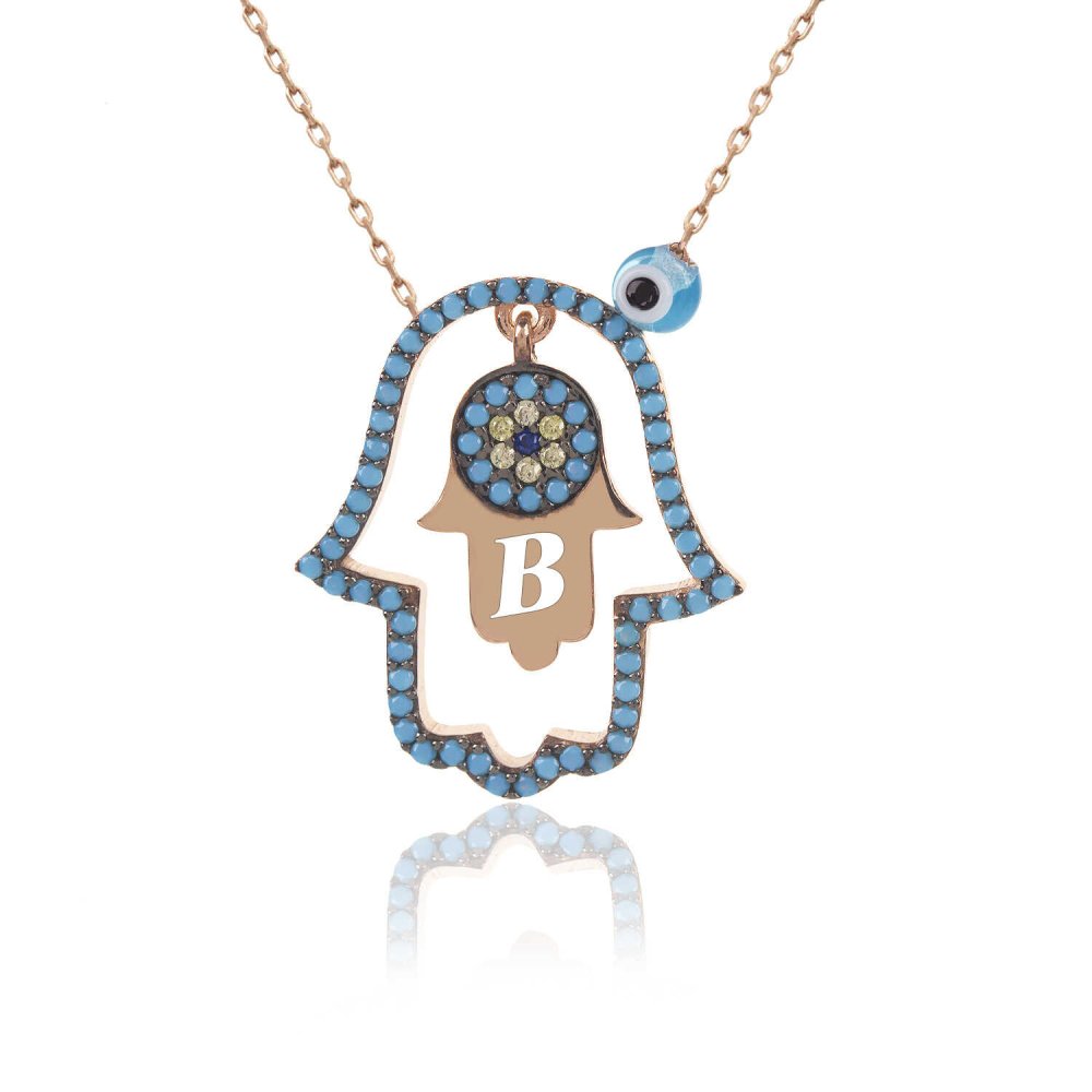 Harfli Nazarlı Turkuaz Fatma Ana Eli Gümüş Kolye