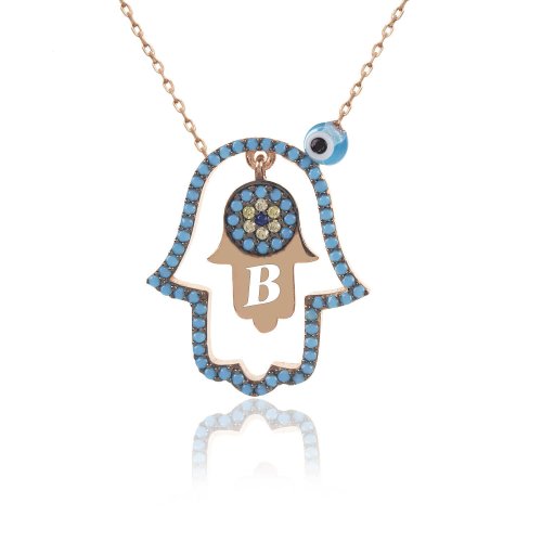 Harfli Nazarlı Turkuaz Fatma Ana Eli Gümüş Kolye