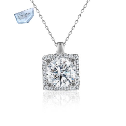 Swarovski 1.5 Karat Kare Montür Tek Taş Gümüş Kolye