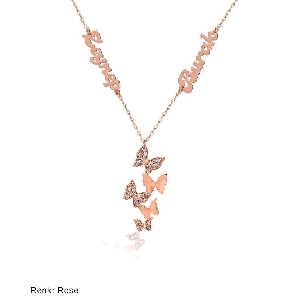 İsimli Kişiye Özel Beşli Kelebek Gümüş Kolye