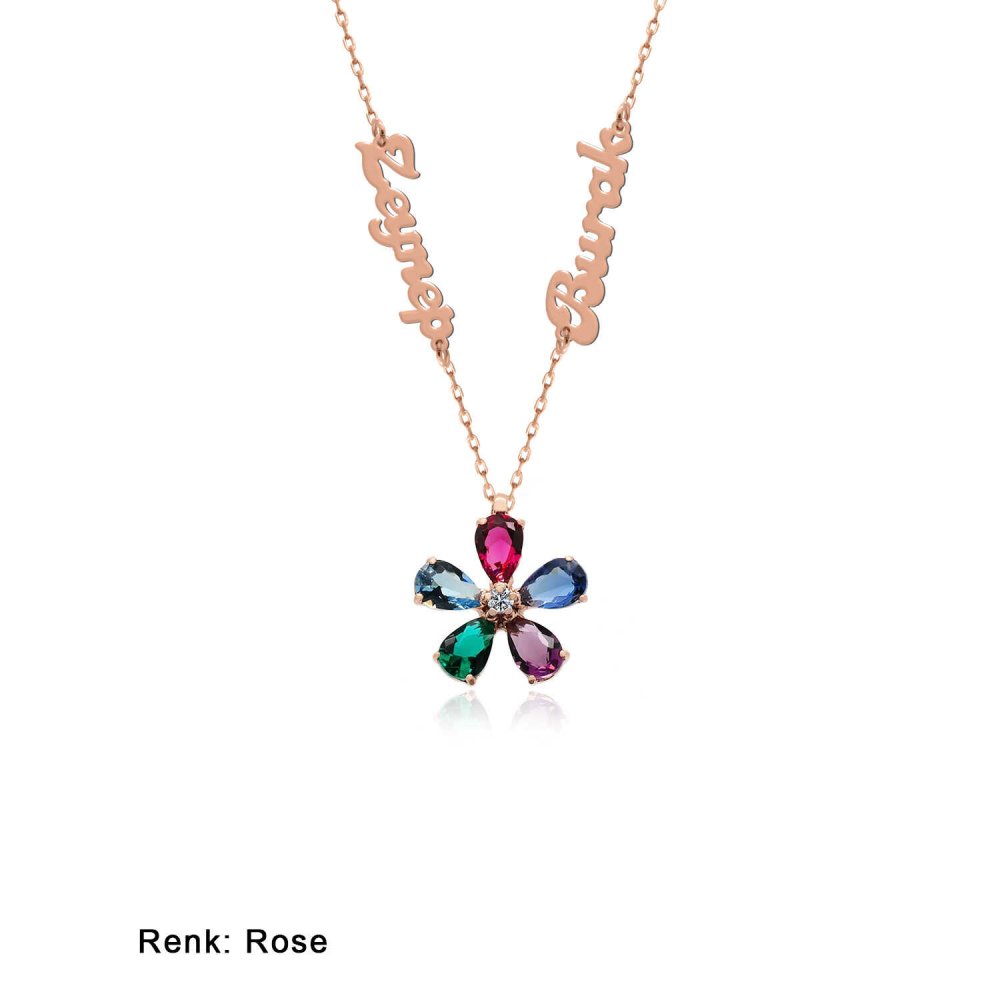 İsimli Kişiye Özel Renkli Taş Çiçek Gümüş Kolye