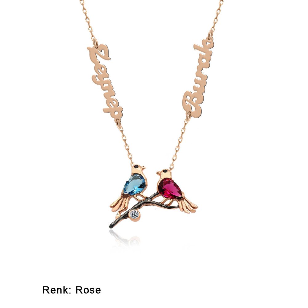 İsimli Kişiye Özel Renkli Aşk Kuşları Gümüş Kolye