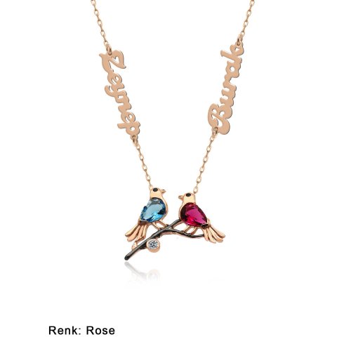 İsimli Kişiye Özel Renkli Aşk Kuşları Gümüş Kolye