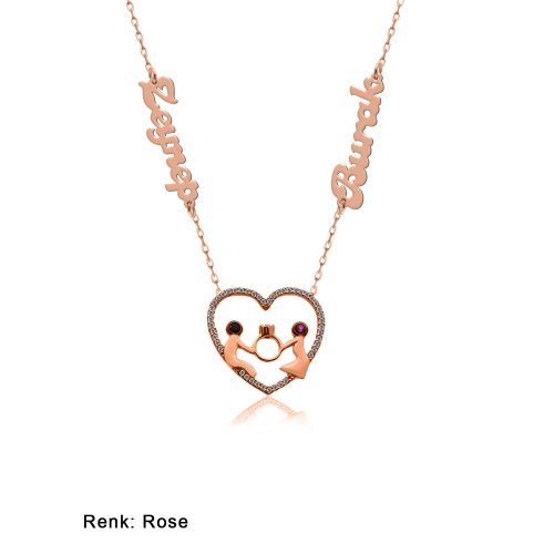 İsimli Kişiye Özel Kalp İçinde Yüzük Tutan Sevgililer Gümüş Kolye