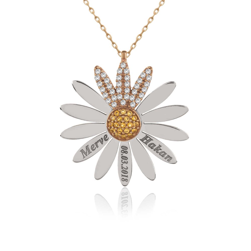 İsimli Tarihli Kişiye Özel Papatya Gümüş Kolye